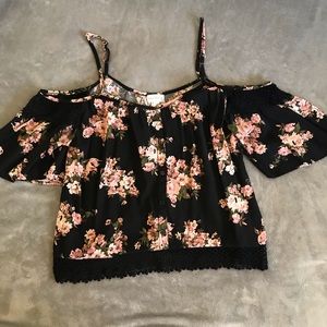 Black and floral cold-shoulder crop top